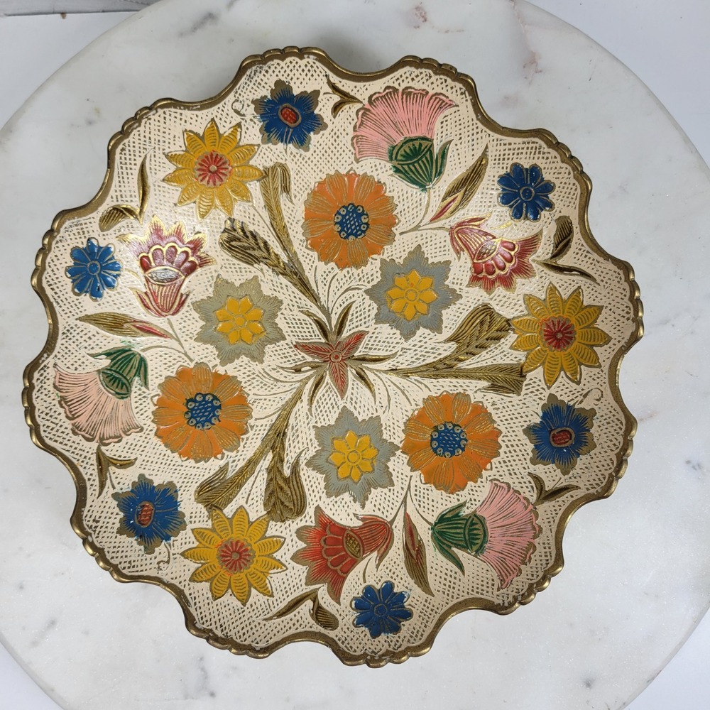 Hand Painted Brass Pedestal Bowl Trinket Floral Catch All Scalloped Rim Vintage - Picture 10 of 16